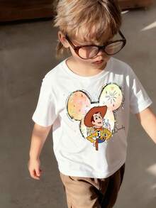 Disney-Toy Story Woody Sheriff Mickey Ear Printed T-Shirt White Loose Short Sleeve Disney Fun Top - 白色 - 查看 2