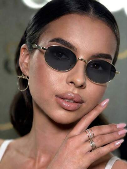 1 Pair Unisex Oval Metal Frame Fashionable Fashion Glasses, High-End Personalized Suitable For Driving, Vacation, Stylish Outfit