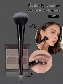 1pc Black Wooden Handle Dual-Ended Blush Brush & Eyeshadow Brush, Soft Fluffy Bristles For Natural Makeup, Daily Makeup Essential - Black - View 2