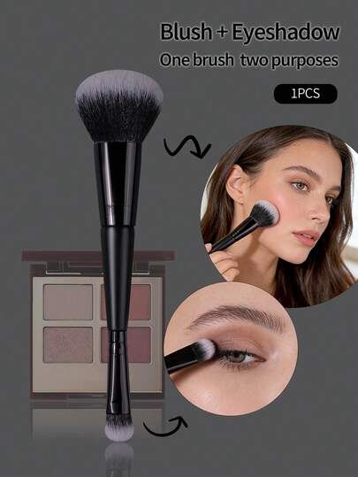 1pc Black Wooden Handle Dual-Ended Blush Brush & Eyeshadow Brush, Soft Fluffy Bristles For Natural Makeup, Daily Makeup Essential