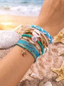 7pcs Bohemian Ocean Vacation Style Handmade Woven Faux Pearl Starfish Blue Seed Bead Bracelet Set - Multicolor - View 5