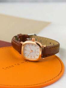 1 件女士方形简约皮革石英手表，适合日常佩戴 - 棕色 - 查看 3