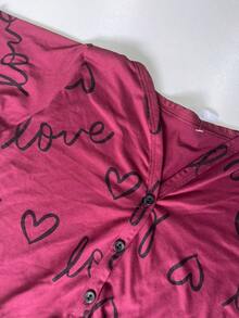 Women's Pajama Set Sleepwear Blouse And Cropped Top With Heart Print, Button-Down Cropped Top, Elastic Waist Pants, Warm Suede, Everyday Wear, Sizes P, M, G, GG, Night Comfort Line - 酒紅色 - 查看 7