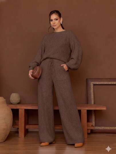 Conjunto Feminino Tricot Mousse Manga Longa Roupa Feminina Inverno Calça Alfaiataria