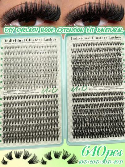 Large Capacity 640 Individual False Eyelashes, 8-16mm D-Curl, DIY Natural Lash Creation, Ultra-Thick And Soft, Extremely Smooth, Ultra-Lightweight, Reusable, Segmented Individual False Eyelashes, Eyelash Extension Kit, Suitable For Travel, Daily Use (Beginner-Friendly), Weddings, Dates, Parties, Holidays, Etc. False Eyelashes, Eyelash Clusters, Eyelash Kit (10D/20D/30D/40D)