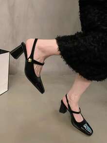 Teenage Girls' Square Toe Shallow Mary Jane Shoes, Hook And Loop Strap, Retro Chunky Heel Shoes, Fairy Style - Black - View 7