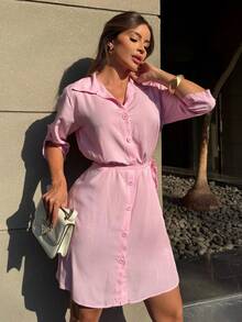 Button-Down Shirt Dress With Sash. - Rosa Pálido - Ver 7