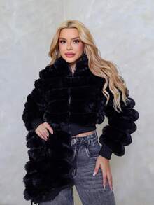 Premium Teddy Fur Puffer Jacket - màu đen - Xem 5
