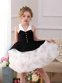 女童蝴蝶结薄纱网纱优雅蛋糕裙，适合宝宝一周岁生日派对、宴会、正式场合、婚礼、聚会、节日庆典等场合。 - 黑色 - 查看 8