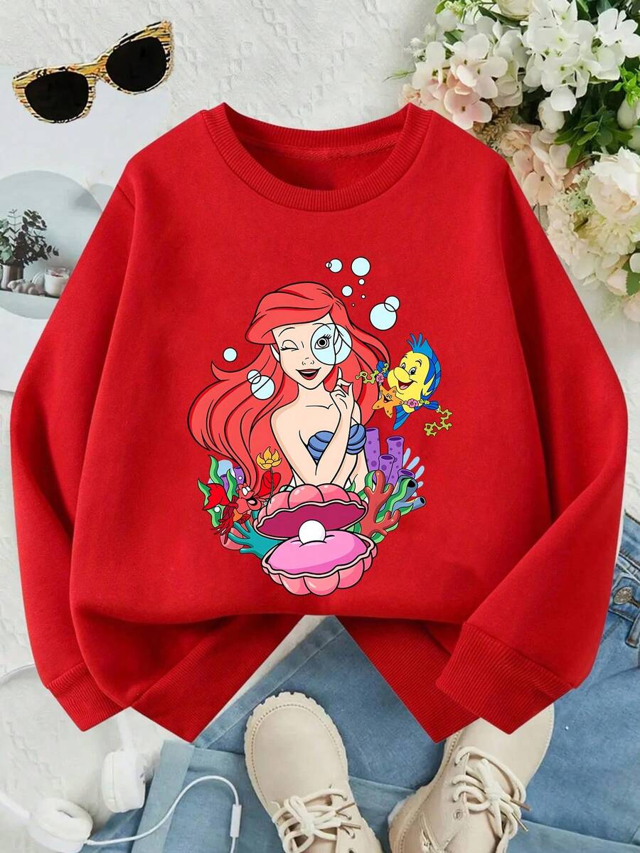 This Disney Girls' Sweatshirt Features A Creative Print Of Ariel, The Princess Of Disney. It's A Crew Neck Sweatshirt Perfect For Autumn And Winter, Made Of Soft And Comfortable Fabric, Suitable For Everyday Wear, Shopping, School, And Casual Occasions. It Also Makes A Wonderful Gift. - Đỏ - Xem 1