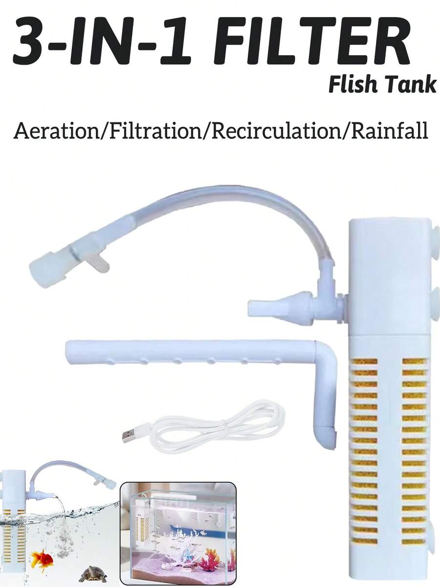 1个潜水式鱼缸三合一气泵，带循环泵、静音USB供电水族箱增氧器和过滤器，适用于所有鱼缸