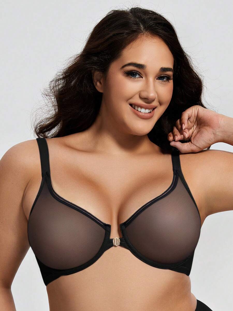 Wingslove Plus Size Sheer Unpadded Deep V Bra, Metal Front Closure, Lightweight & Breathable, Criss-Cross Back Design, Bust Enhancing - Black - View 1