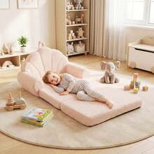 Fold-Out Kids Sofa 2-In-1 Convertible Toddler Couch & Lounger With Non-Slip Base Beige/Green/Pink - 米色 - 查看 1