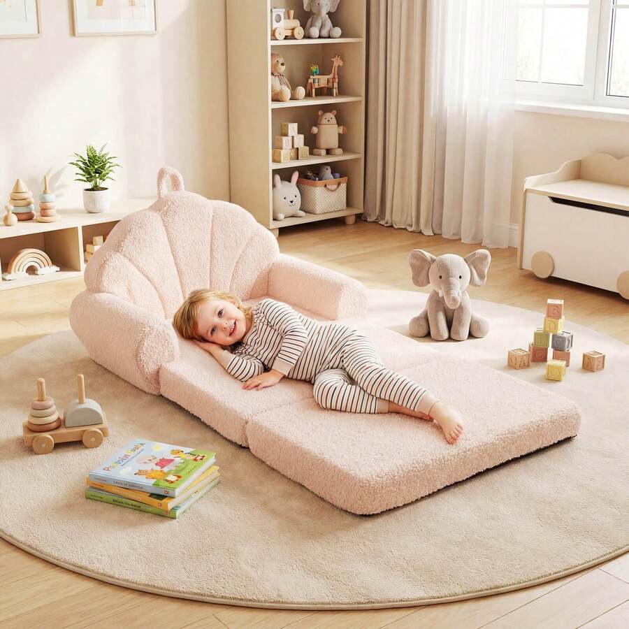 Fold-Out Kids Sofa 2-In-1 Convertible Toddler Couch & Lounger With Non-Slip Base Beige/Green/Pink - 米色 - 查看 1