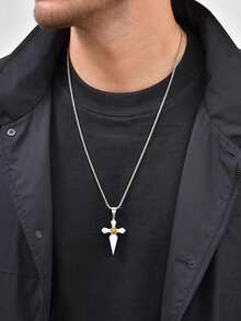 1pc Minimalist Stainless Steel Tiger Eye Cross Pendant Necklace For Men, Christian, Easter, Baptism - 2287 - View 7