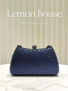 1pc Navy Blue Sparkling Rhinestone Clutch Bag, Luxury Elegant Box-Shaped Purse, Suitable For Evening Party, Wedding, Cocktail Party, Carnival, Gala And Other Occasions For Ladies - Navy Blue - View 5