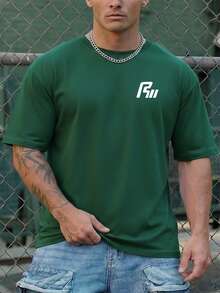 Krometka Men's Casual Versatile Simple English Slogan Chest Graphic Print Short Sleeve T-Shirt - Dark Green - View 1