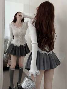 Lace Trim Fitted Knit Cardigan - White - View 2