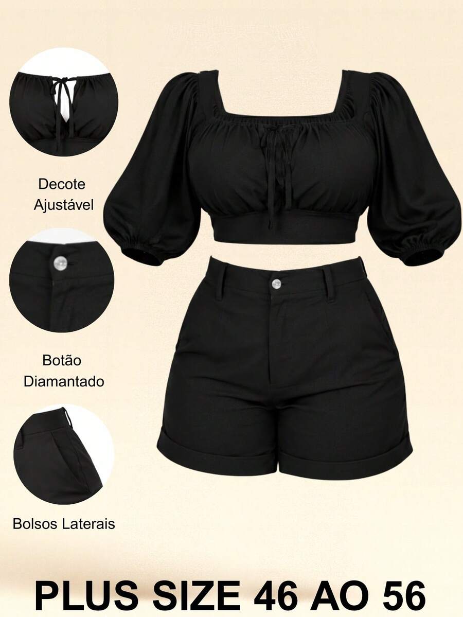 Plus Size Set: Adjustable Cropped Top + Comfortable High-Waisted Shorts - Women's Summer Fashion - Sizes 46 To 56 - 黑色 - 查看 1