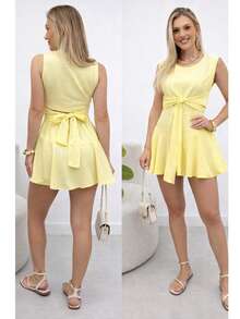 Women's Tailored Jumpsuit Dress, Elegant, Fluffy, Asymmetrical Knot, Cutout/Cut-Out, Evening Dress With Tie Detail - 黃色 - 查看 2