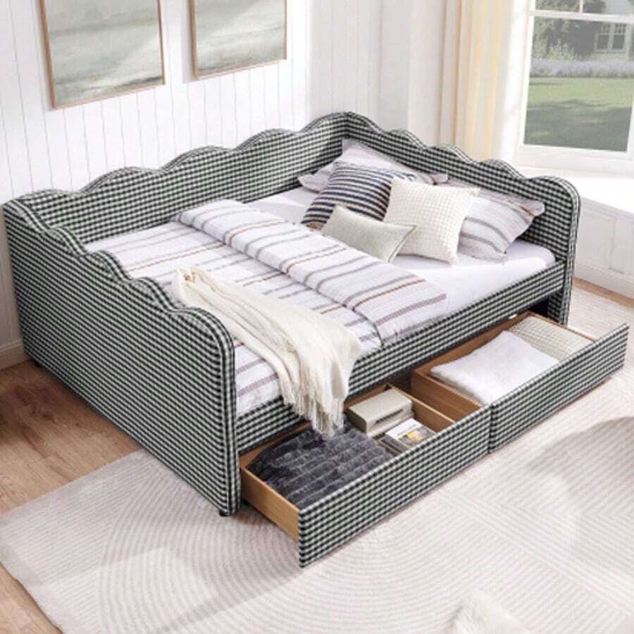 YOGLAD Full & Queen Size Gingham Daybed Sofa Bed With Storage Drawers And USB Port, Upholstered Linen Day Bed With Wave Shaped Frame, Multifunctional Couch Bed With 2 Rolling Drawers For Bedroom Living Room Guest Room - Xem 1