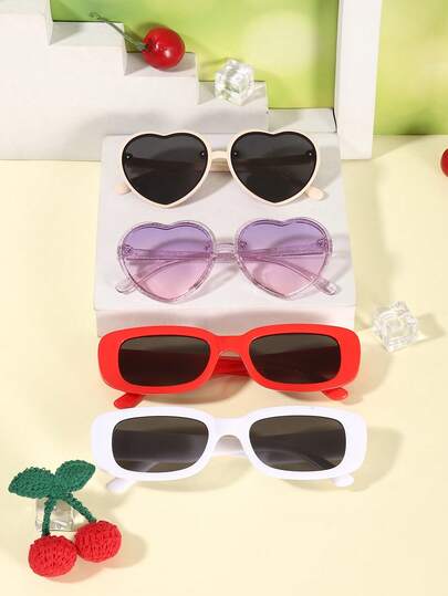 1 Set de 4 piezas de gafas de moda para niñas de 4 a 8 años, con decoración de corazón y unicolor, marco de PC ligero, estilo lindo de corazón y rectángulo retro, ideal para viajes a la playa, fiestas de cumpleaños y actividades al aire libre de verano con estuche para gafas
