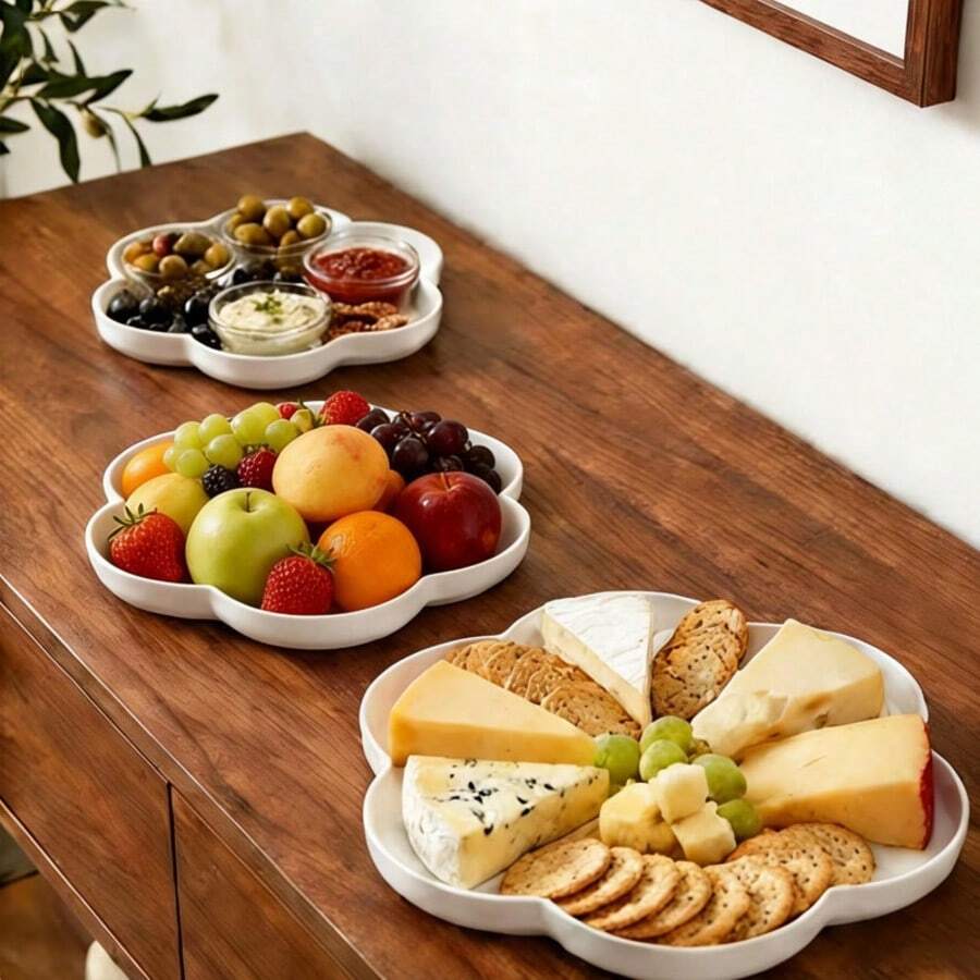 3-Tier Flower-Shaped Clear Plastic Dessert Stand Trays (15/22/25cm) - Three Trays Of White Cherry Blossoms - View 1