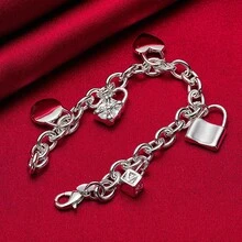 925 Sterling Silver Plated Bracelet Heart / Circle / Square Lock Bracelets Bangles Woman Man Fashion Charm Wedding Jewelry - Silver - View 1