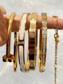 2026新款不锈钢闪光四叶花水钻女士手链套装，时尚耐用防水防褪色，圣诞节和情人节送给母亲和女儿的礼物 - 愛心金色 - 查看 2