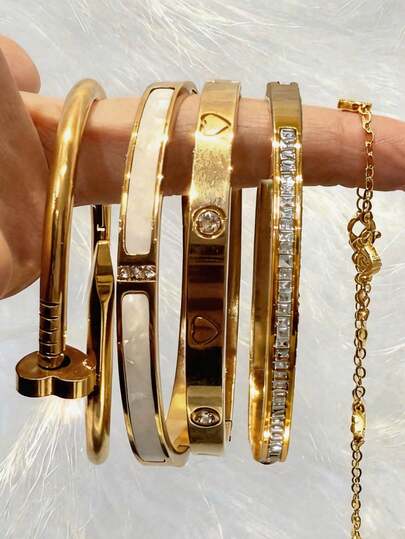 2026 New Stainless Steel Flashing Four-Leaf Flower Rhinestone Women's Bracelet Set, Fashion Durable Waterproof Fade-Resistant, Christmas & Valentine's Day Gift For Mother And Daughter