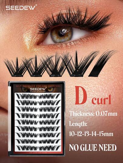  90pcs/Box Fox Eye DIY Self-Adhesive Lash Clusters, D-Curl, No Glue Needed, Multilayer Fluffy Fox-Style Lashes, 0.07mm SEEDEW DIY Lash Extension Natural Look, Adhesive False Eyelashes