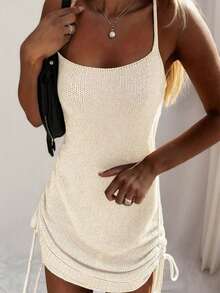 Vestido de punto casual de verano de unicolor con cordón lateral y tirantes - Beis - Ver 2