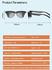 Wireless Smart Sound Multi-Function Bluetooth Glasses, With Wireless Calling, Music Playback, HIFI Sound Quality, HD Lenses, Touch Control, Long Battery Life, Unisex Design And Rechargeable Technology Wireless Smart Glasses Headphones - Black - View 13