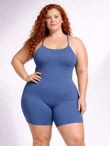 SHOWOFF Plus Size Casual Gym Jumpsuit With Open Back / Backless Rhinestones For Sports And Fitness - Serenity Blue - View 2