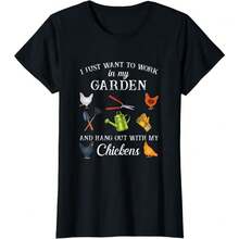 Cute Garden Tools & Chickens Gardening Lover Graphic Tee - 黑色 - 查看 1