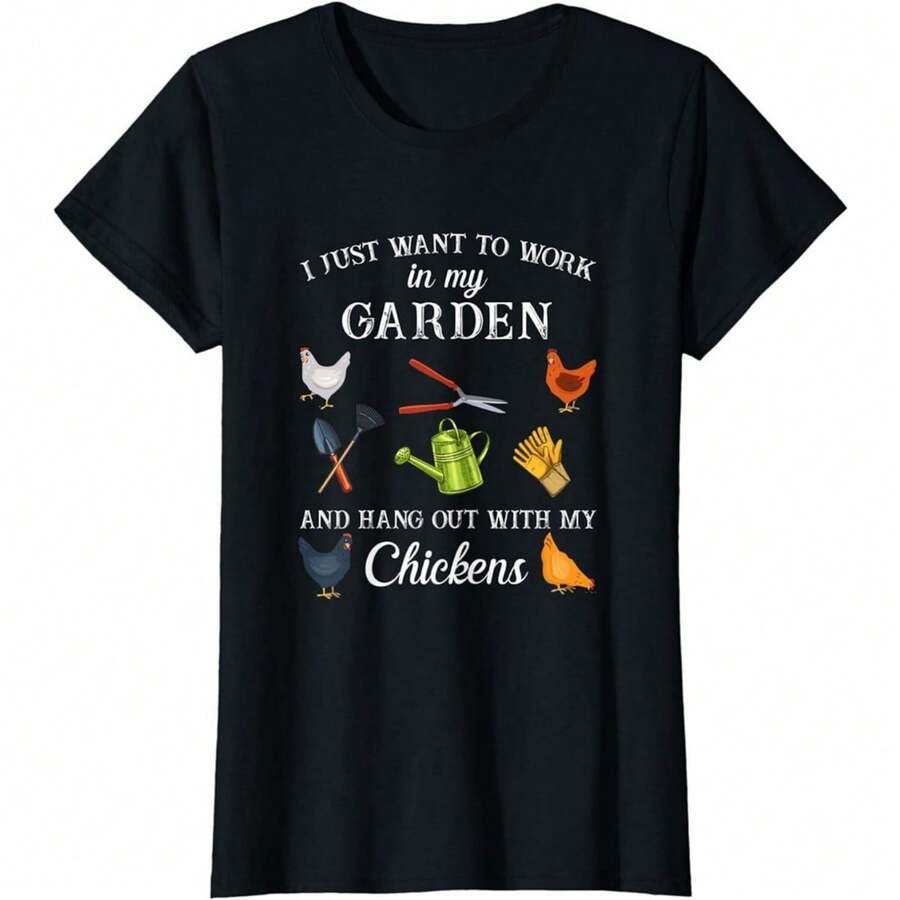 Cute Garden Tools & Chickens Gardening Lover Graphic Tee - 黑色 - 查看 1