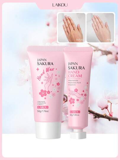  1套 LAIKOU 日本樱花撕拉式手蜡 50g & LAIKOU 日本樱花护手霜 30g，保湿、修护、去角质，持久留香，适合所有肤质
