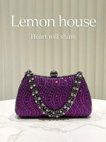 1 chiếc ví cầm tay màu tím đính đá lấp lánh sang trọng, kiểu dáng hộp thanh lịch, thích hợp cho các dịp trang trọng như đám cưới, tiệc tùng, dạ hội, tiệc cocktail và các lễ kỷ niệm. - Màu tím - Xem 1