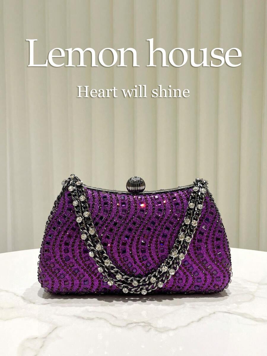 1 chiếc ví cầm tay màu tím đính đá lấp lánh sang trọng, kiểu dáng hộp thanh lịch, thích hợp cho các dịp trang trọng như đám cưới, tiệc tùng, dạ hội, tiệc cocktail và các lễ kỷ niệm. - Màu tím - Xem 1
