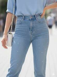 Pantalón Mezclilla Recto Pedrería Brillos Mom Jeans - Azul - Ver 8