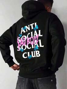 Men'S & Women's Black Hoodie With Anime Character Print, Hoodies For Men, Spring Outfits For Women, Men's Round Neck Hoodie With Anti Social Club Sad Boyz Print, Kangaroo Pocket And Drawstring, Long Sleeve, Loose And Casual, Ideal For Gifting As Men's Clothing, Single-Sided Printing - Black - View 1