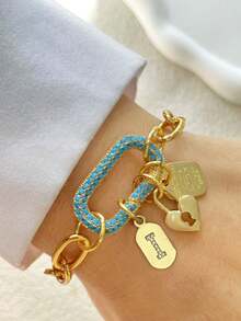 1件金色字母吊坠手链，天蓝色扣环链，不锈钢链，时尚多珠手链，独特奢华女士手链 - 金黃色 - 查看 8