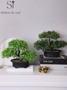 1pc Artificial Potted Plant Tree, Light Green Leaves With Black Planter, Approx. 20cm Tall, Artificial Green Plant, Suitable For Home And Office Decor | Ideal For Bookshelf, Desk, Bathroom | Rustic Style, Holiday Decor, Valentine's Day, Spring/Summer Decoration, Home Accessory - Green -b - View 5