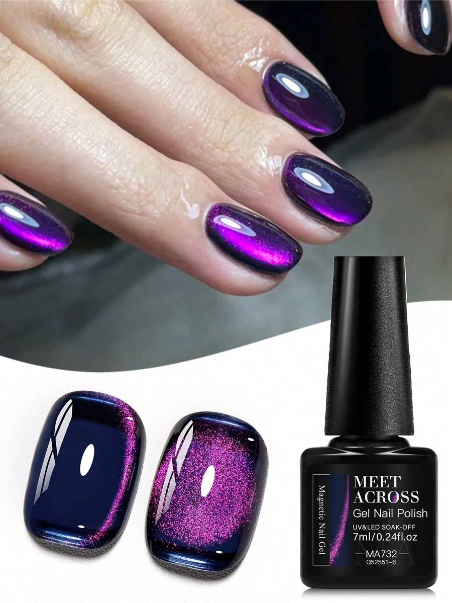 MEET ACROSS 1pc 7ml Jelly Colored Stone Cat Eye Gel Nail Polish, Ultral Shine Gradient Magnetic Semi Permanent Soak Off UV Gel Varnish For Summer Nails, Manicure Nail Art Degign For Home And Salon Nail Supplies - 紫色 - 查看 1