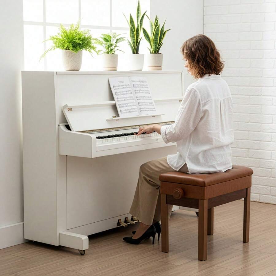 Adjustable Piano Bench With Storage 19.3''–23.2'', Padded Keyboard Stool With 21''x12.6'' Seat & Hidden Compartment, Piano Stool For Upright & Digital Piano - Brown - View 1