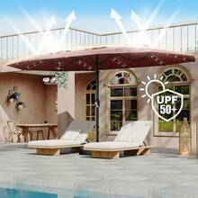 Sombrilla de Mercado Rectangular de 4.5 m, Extragrande y de Doble Cara – Luces LED Solares, Tela Resistente a los Rayos UV, Base Incluida – Para Exteriores, Jardín, Terraza - Burdeos - Ver 8