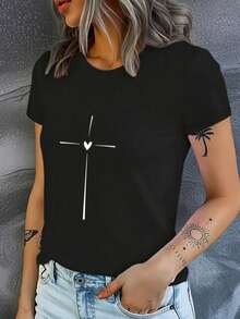 Women's Cotton T-Shirt Blouse Comfortable Delicate Heart Cross T-Shirt - 黑色 - 查看 2