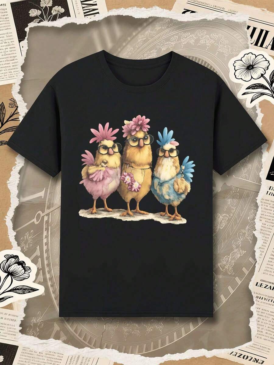 Lustiges T-Shirt mit Hühnermotiv im Street-Hip-Hop-Stil, atmungsaktiv, Kunstdruck - Schwarz - Übersicht 1