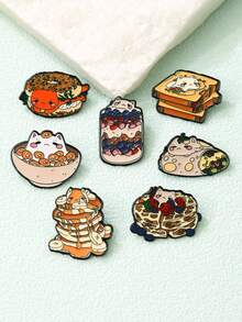7pcs Cartoon Food & Cat Brooches, Creative Cute Food Bread Sandwich Hamburger Animal Cat Shape Metal Badge Clothing Bag Scarf Accessories - Multicolor - View 3