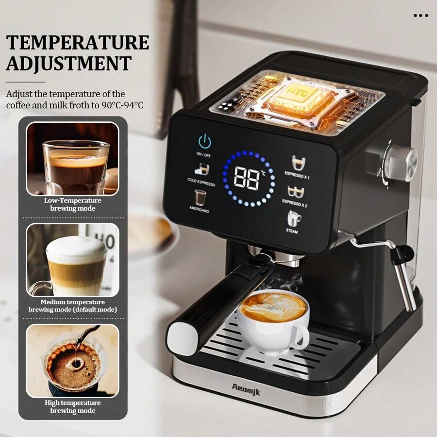 AEOMJK Semi-Automatic Coffee Machine | Touchscreen, Dual Hot And Cold Brew, Steam Capabilities, 20bar Pressure, Espresso Maker, Detachable Tank, US Plug, Modern Style